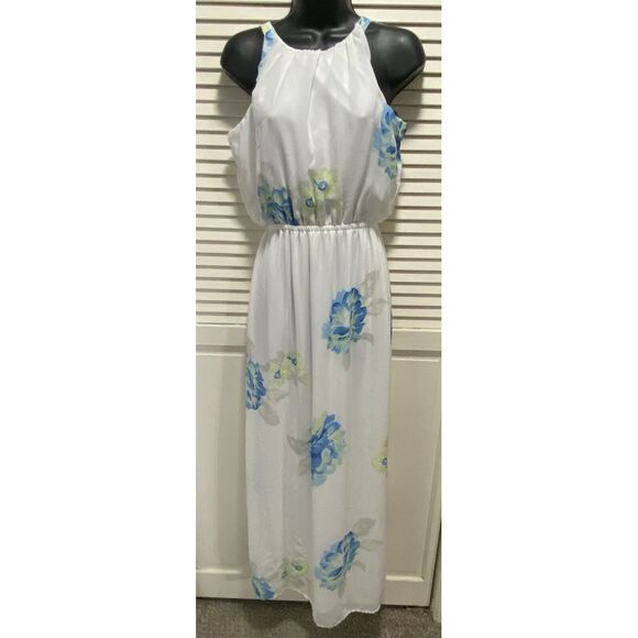 Old Navy Floral Chiffon Maxi Dress Keyhole Button White Blue Size‎ XS - Picture 1 of 8